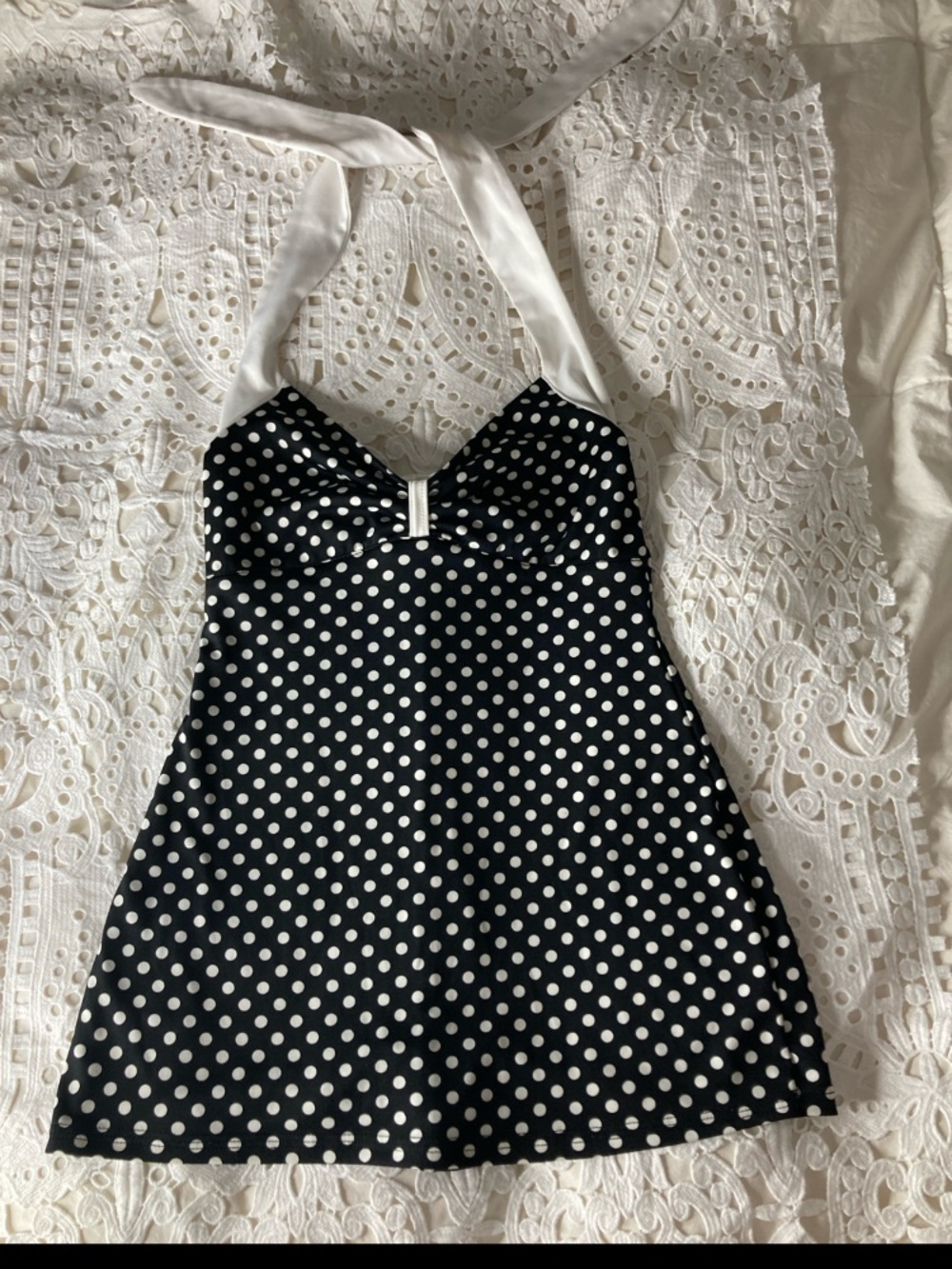 Pinup Couture Black & White Polka Dot Halter Swim Dress M measurements in pics